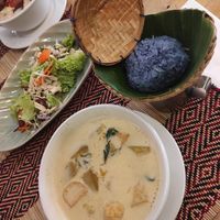 Pumpkin curry, sticky rice, mushroom larb at Vegan Heaven in Chiang Mai