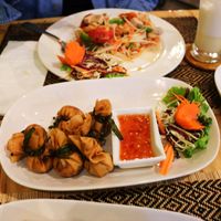 Money bags and papaya salad  at Vegan Heaven in Chiang Mai