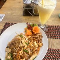 Pad thai and pineapple juice  at Vegan Heaven in Chiang Mai