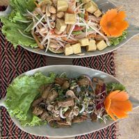 Crispy chicken salad and papaya salad. Delicious !  at Vegan Heaven in Chiang Mai