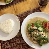 Stir fried long aubergine with jasmine ricee  at Vegan Heaven in Chiang Mai