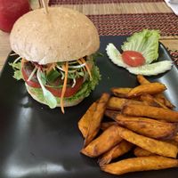 Veggie burger  at Vegan Heaven in Chiang Mai