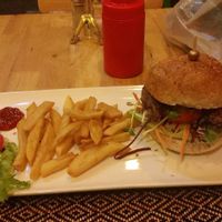 hamburger and fries at Vegan Heaven in Chiang Mai
