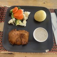 vegan chicken steak + mash and veg + mushroom sauce  at Vegan Heaven in Chiang Mai