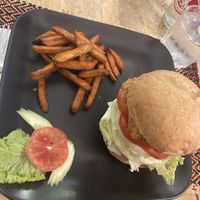 Chicken burger and sweet potato fries   at Vegan Heaven in Chiang Mai