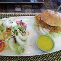 chicken burger with salad at Vegan Heaven in Chiang Mai