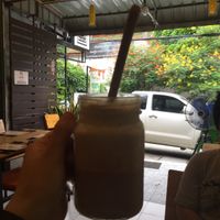 Mocha shake with bamboo straw at Vegan Heaven in Chiang Mai
