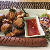 Money Bags PLUS Sausage starter at Vegan Heaven in Chiang Mai