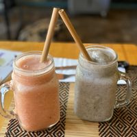 Mixed fruit smoothie and Dragon fruit smoothie!  at Vegan Heaven in Chiang Mai