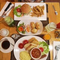 Brunch set very good. Burger with French Fries but too dry at Vegan Heaven in Chiang Mai