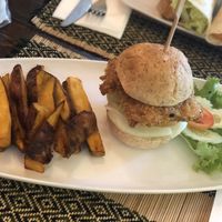 ‘Crispy chicken’ burger full of onion - great!! at Vegan Heaven in Chiang Mai