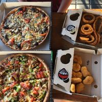 Top left vegetarian pizza, bottom left vegan pizza and vegan nuggets  at Hell Pizza in Taupo