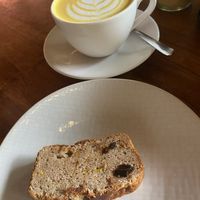Banana bread and turmeric latte  at Sayuri Healing Food in Ubud