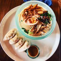Ramen with boiled egg and gyozas   at Sayuri Healing Food in Ubud