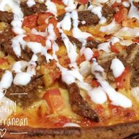 Vegan Mediterranean: delicious mock lamb or chicken, notzarella, fresh tomato, onion, and delicious garlic sauce at Sonny's Pizza Bar in Klemzig