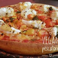 Vegan pescatore,  delicious large mock garlic prawns, notzarella cheese fresh tomato and vegan basil pesto at Sonny's Pizza Bar in Klemzig