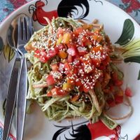 Raw pesto pasta at Happy Veggie in Koh Lanta