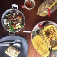 The pineapple banana smoothie, pineapple fried rice, and stir fried mixed veggies with rice.  at Happy Veggie in Koh Lanta