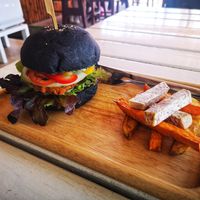 Veggie burger with fries. at Happy Veggie in Koh Lanta