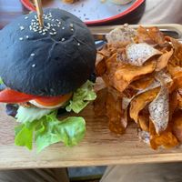 Veggie burger with sweet potato crisps  at Happy Veggie in Koh Lanta
