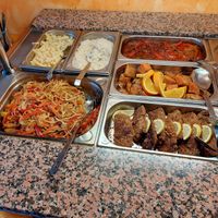 Sunday buffet (1/2): pasta, rice, veggie noodles, soy stir-fry, sweet potatoes & sth non-veg at Aubergine in Fulda