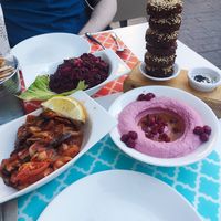 Moussaka, beetroot hummus, falafel and fatoush at Mish Mish in Alicante