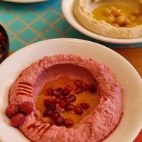 Classic hummus & Hummus remolacha (with beetroot) at Mish Mish in Alicante
