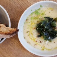 Soup of the day (celeriac, wakame and lime) at Mok in Brussels