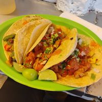 alambre, salchicha preparada y pastor at Veganisimo Loncheria in Mexico City