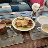 Apple bread with tomato sauce. Corn soup, chocolate cake and soy chai. All vegan. at Saborami in Okinawa