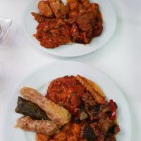 Sarmale, vegetable patties, bulgur-tomato balls, eggplat stew, seitan stew and some sort of potato oval-shaped thingy 😄 at Vegan Istanbul in Istanbul