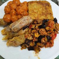 "meatballs, leer pie, eggplant something wonderful, stuffed cabbage at Vegan Istanbul in Istanbul