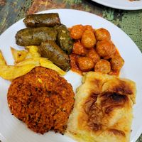 Meatballs, dolma, soy patty, börek at Vegan Istanbul in Istanbul