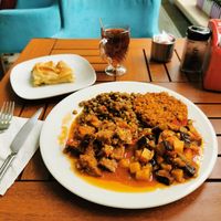 Mixed plate of 5 dishes + tea at Vegan Istanbul in Istanbul