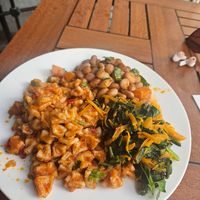Manti, beans and a carrot spinach mix at Vegan Istanbul in Istanbul