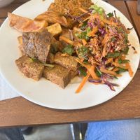 Seitan, soya patty, bulgarwheat salad  at Vegan Istanbul in Istanbul