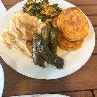 Spinach tart, potato, spinach salad, vine leaves  at Vegan Istanbul in Istanbul