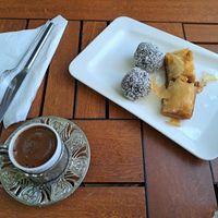 Turkish coffee, vegan baklava + choc balls at Vegan Istanbul in Istanbul