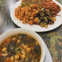 Soup of the day with zucchini loaf, pasta, eggplant with potatoes, carrot and cabbage salad (4 option meal) at Vegan Istanbul in Istanbul