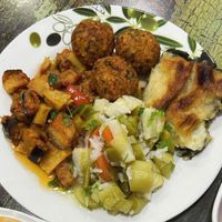 Leak, eggplant and potatoes, falafel, spinach in phyllo dough (4 option meal) at Vegan Istanbul in Istanbul