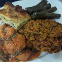 Bulgar Meatballs, Soy Meatball, Vine Leaves and Spinach Pastry at Vegan Istanbul in Istanbul