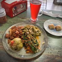 Main dish with my choice of items, baclava & homemade kombucha   at Vegan Istanbul in Istanbul