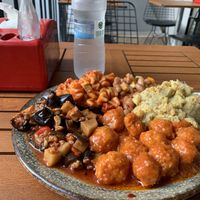Vegan meatballs, mashed potatoes, a dish with beans, mantı, and eggplants with potatoes   at Vegan Istanbul in Istanbul