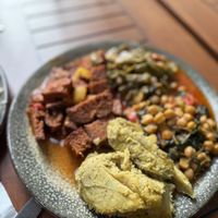 Red lentils, seitan meat, green beans and chickpea spinach   at Vegan Istanbul in Istanbul