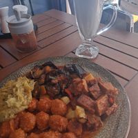 4 dish plate and vegan ayran at Vegan Istanbul in Istanbul