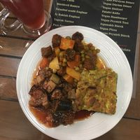 Vegan frittata, sausages and eggplant mix  at Vegan Istanbul in Istanbul