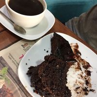 Choc cake and brownie with Americano at Vegan Istanbul in Istanbul
