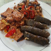 Sarma, eggplants with soy mincemeat and veggies, seitan at Vegan Istanbul in Istanbul