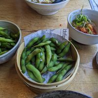 Edamame and kimchi sides at Mr Ramen in Copenhagen