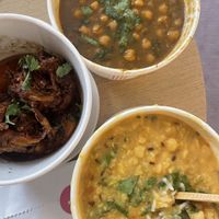 Bhajis, Chloe saag (comes with bread) and Tarka Dahl and rice  at Bundobust in Manchester